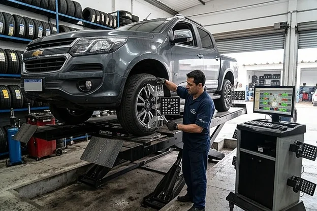 Mecânico ajustando o alinhamento de rodas em Araucária.